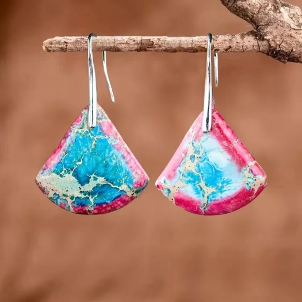 ✨🆕✨ BoHo Fan Shape S925 Plated Pink & Blue Natural Stone Dangle Earrings✨